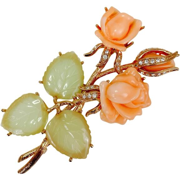 Nolan Miller Ann Margaret Faux Coral & Jade Rose Brooch Pin Rhinestones Large - Picture 1 of 12